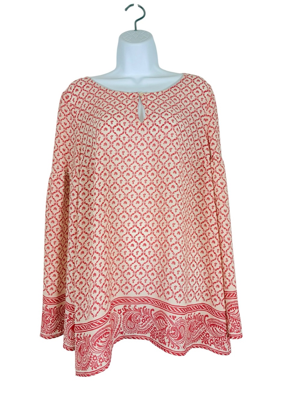 Sugar Lips Boho Paisley Open Bell Sleeve Tunic Top Large Pink Cream Flowy Blouse